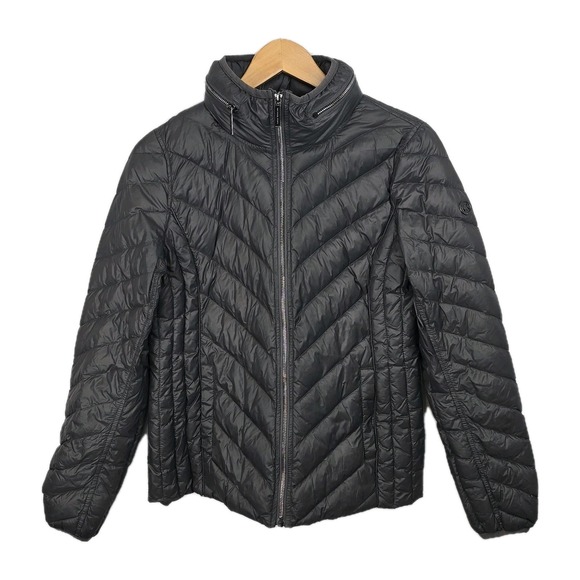 MICHAEL KORS Black Packable Down Fill Puffer Jacket Goldtone Accents Size Medium - Picture 1 of 8